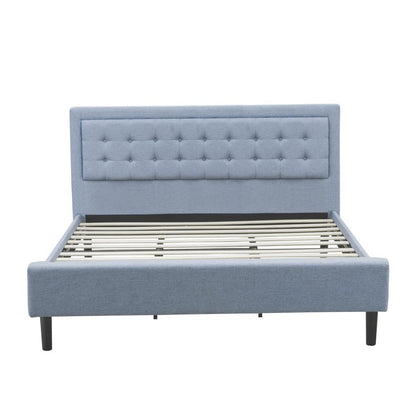 FN11K-2GA0C 3-Piece Platform King Bedroom Set with 1 Wood Bed Frame and 2 Modern Nightstands - Denim Blue Linen Fabric