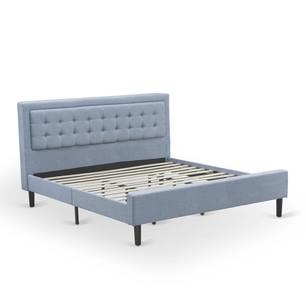 FN11K-2GA0C 3-Piece Platform King Bedroom Set with 1 Wood Bed Frame and 2 Modern Nightstands - Denim Blue Linen Fabric