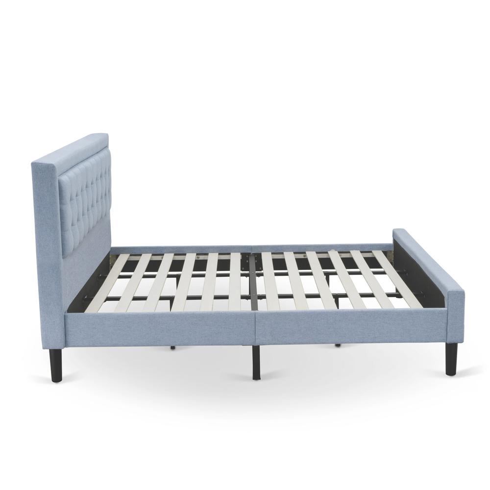FN11K-2GA0C 3-Piece Platform King Bedroom Set with 1 Wood Bed Frame and 2 Modern Nightstands - Denim Blue Linen Fabric