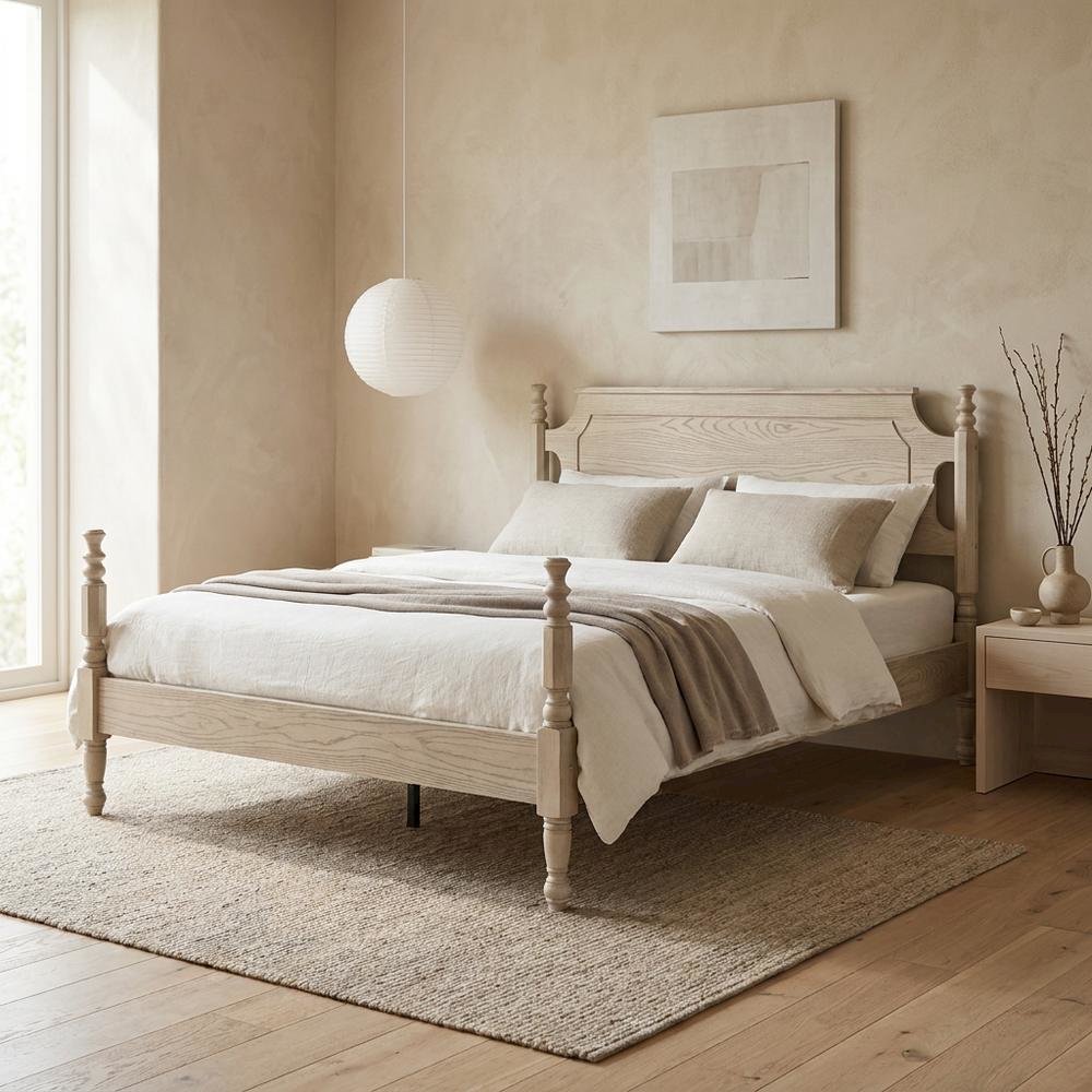 Solid Wood Platform Bed with Headboard, Traditional Queen Size