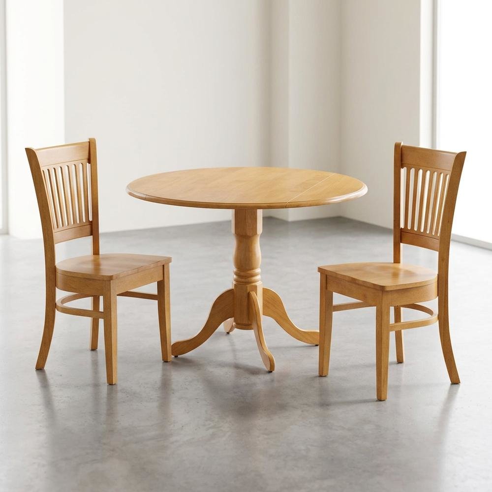 Solid Wood Round Drop-Leaf Kitchen Nook 3-Piece, Slatted Chairs