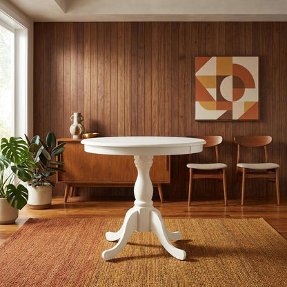 Linen White Round Pedestal Table, Modern Wood Style, Seats 4
