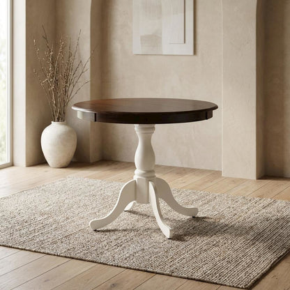 Walnut Linen White Round Pedestal Table, Seats 4, Wood Dining
