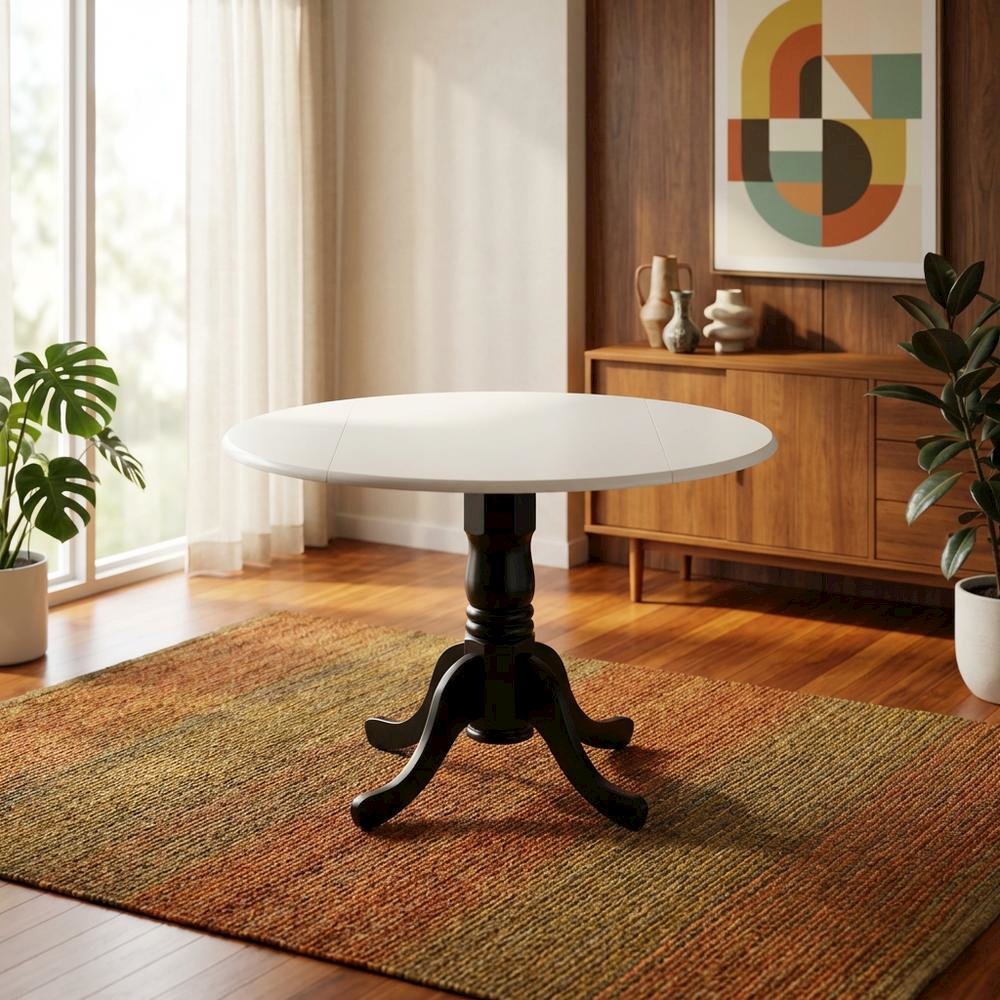 Linen White Drop Leaf Round Table, Pedestal Base, Seats 4