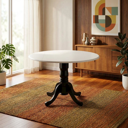 Linen White Drop Leaf Round Table, Pedestal Base, Seats 4