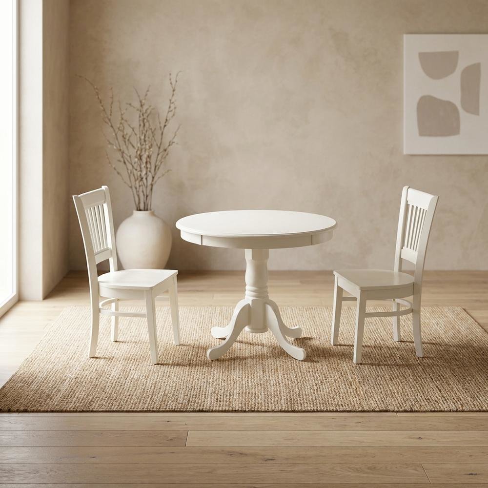 Solid Wood Round Kitchen Table & Chairs 3-Piece Dining Set, Linen White