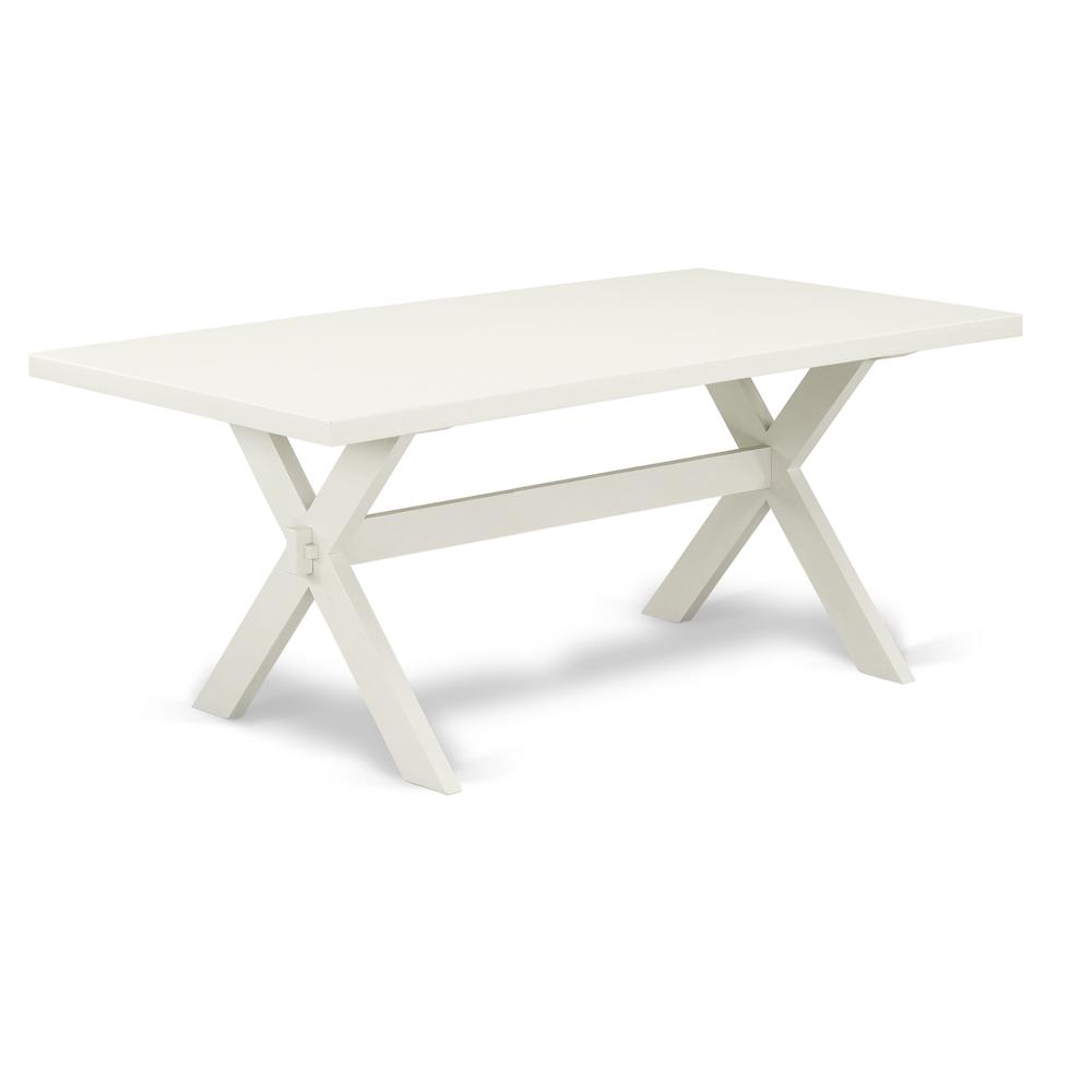 East West Furniture 6-Pc Dining Set-Light Beige Linen Fabric Seat and High Stylish Chair Back Parson Dining room chairs, A Rectangular Bench and Rectangular Top Modern Dining Table with Hardwood Legs
