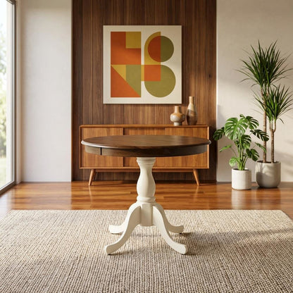 Walnut Linen White Round Pedestal Table, Seats 4, Wood Dining