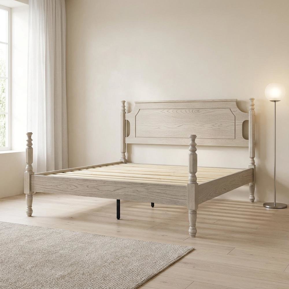 Solid Wood Platform Bed with Headboard, Traditional King Size