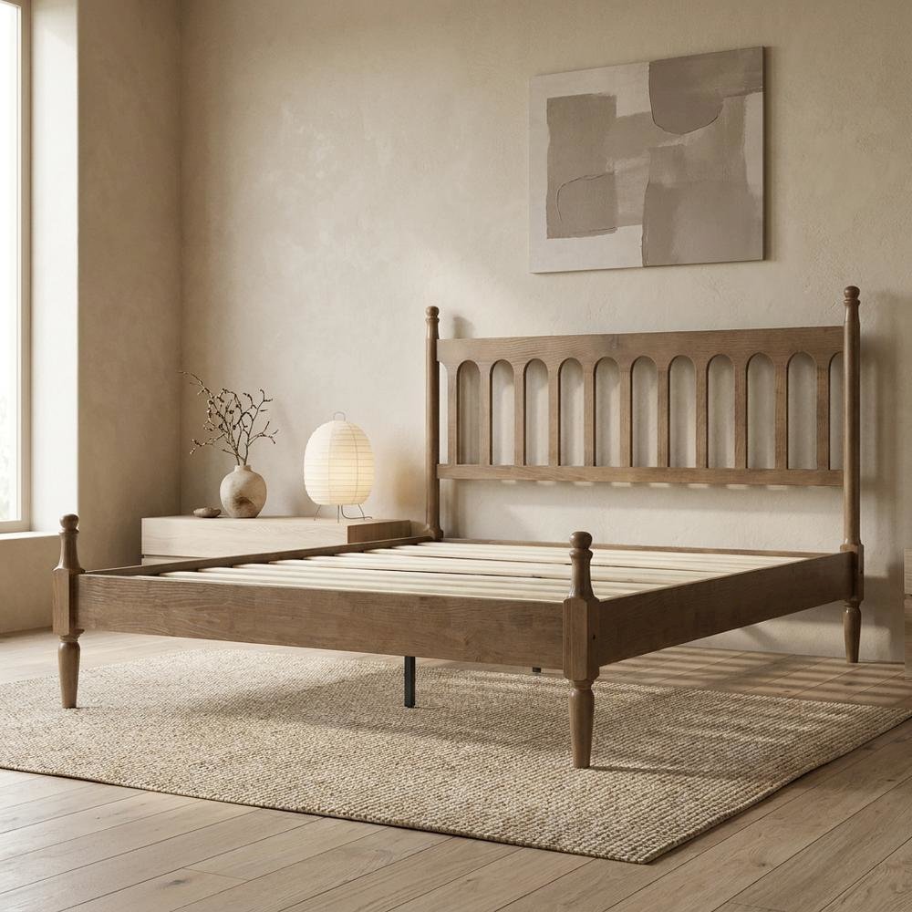 Solid Wood Bed with Headboard, Traditional Platform, Barnwood, Queen