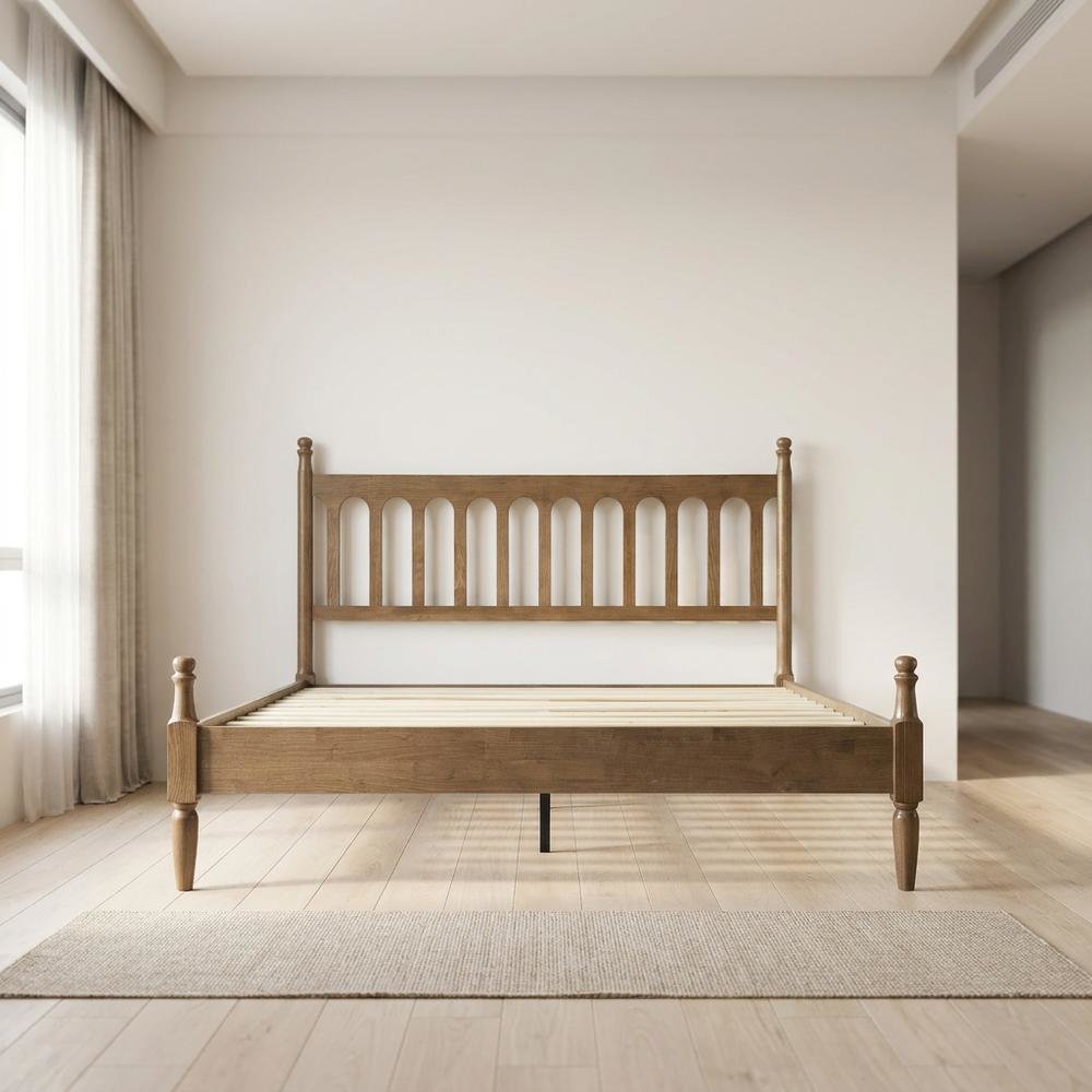 Solid Wood Bed with Headboard, Traditional Platform, Barnwood, Queen