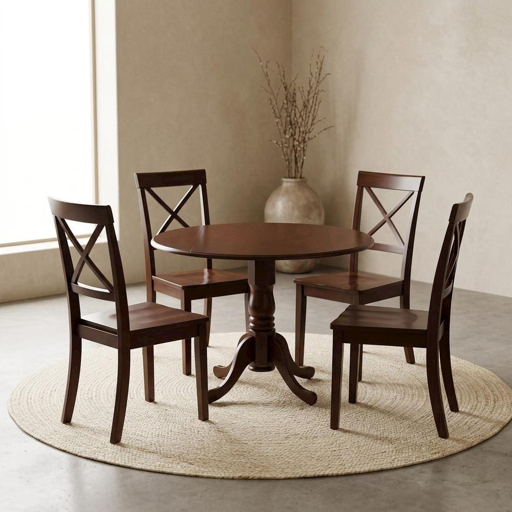 Wood Round Kitchen Table & Chairs 5-Piece Set, Pedestal Base, Mahogany