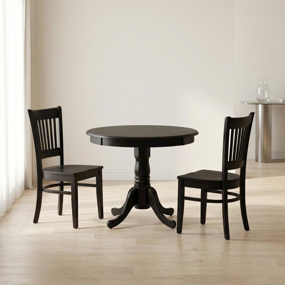Solid Wood Round Kitchen Table & Chairs 3-Piece Dining Set, Black