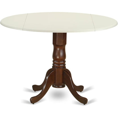 Round Dining Table, Drop Leaves, Linen White & Mahogany, Pedestal Base