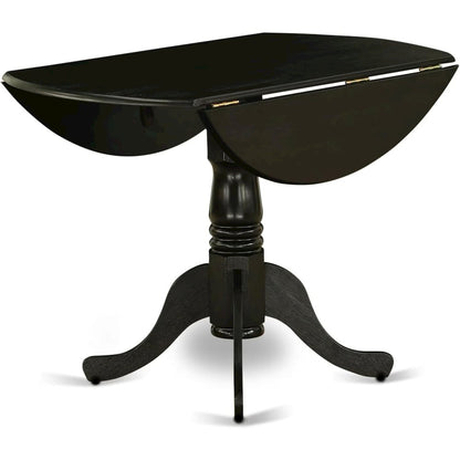 Round Table, Two Drop Leaves, Wirebrushed Black Finish, Solid Wood, 42-Inch
