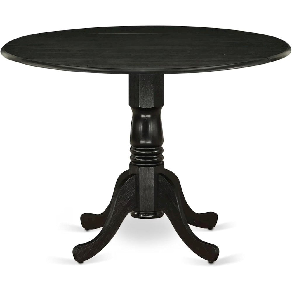 Round Table, Two Drop Leaves, Wirebrushed Black Finish, Solid Wood, 42-Inch