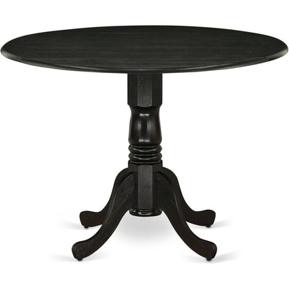 Round Table, Two Drop Leaves, Wirebrushed Black Finish, Solid Wood, 42-Inch