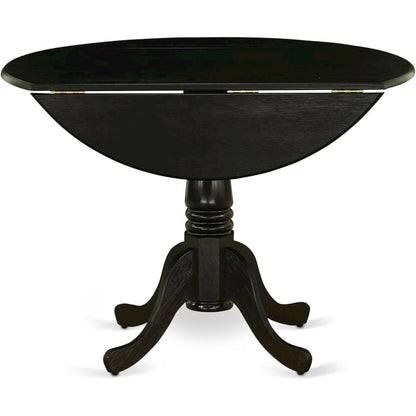 Round Table, Two Drop Leaves, Wirebrushed Black Finish, Solid Wood, 42-Inch