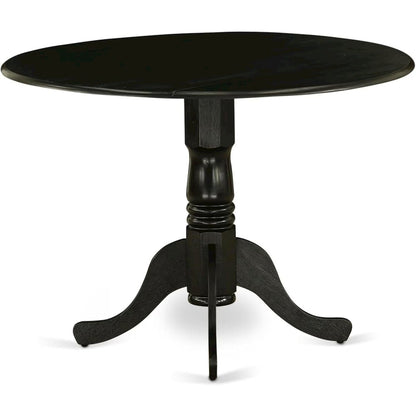 Round Table, Two Drop Leaves, Wirebrushed Black Finish, Solid Wood, 42-Inch