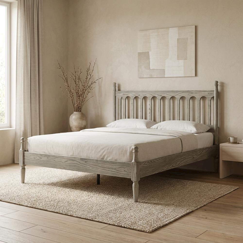 Solid Wood Bed with Headboard, Traditional Platform, Weathered Gray Oak, Queen