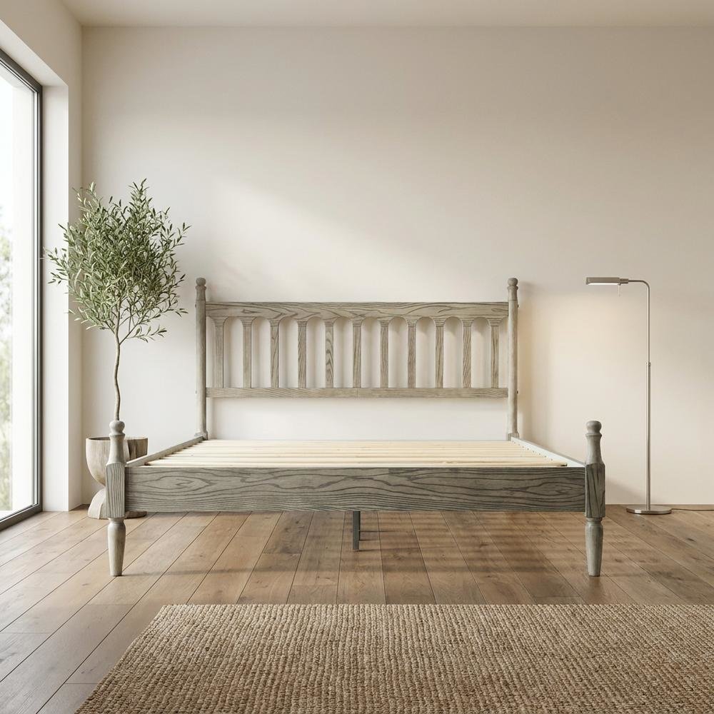 Solid Wood Bed with Headboard, Traditional Platform, Weathered Gray Oak, Queen