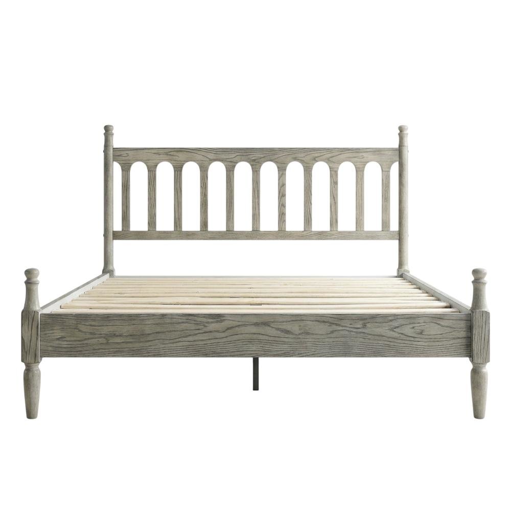 Solid Wood Bed with Headboard, Traditional Platform, Weathered Gray Oak, Queen