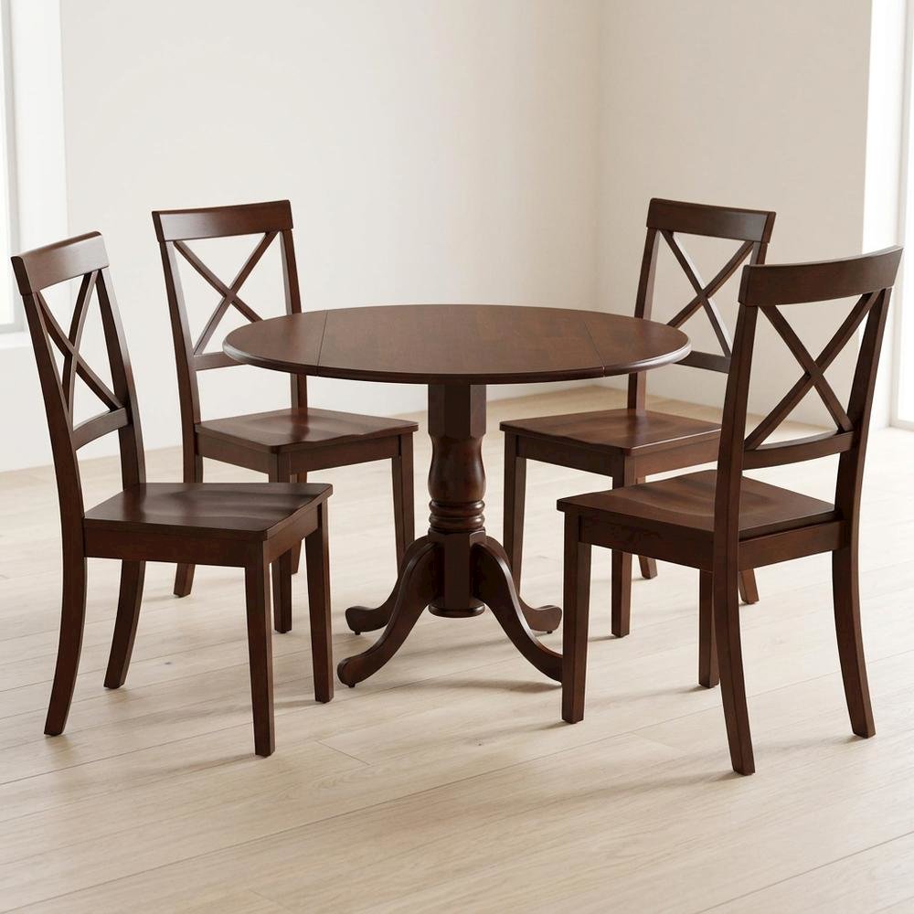 Wood Round Kitchen Table & Chairs 5-Piece Set, Pedestal Base, Mahogany
