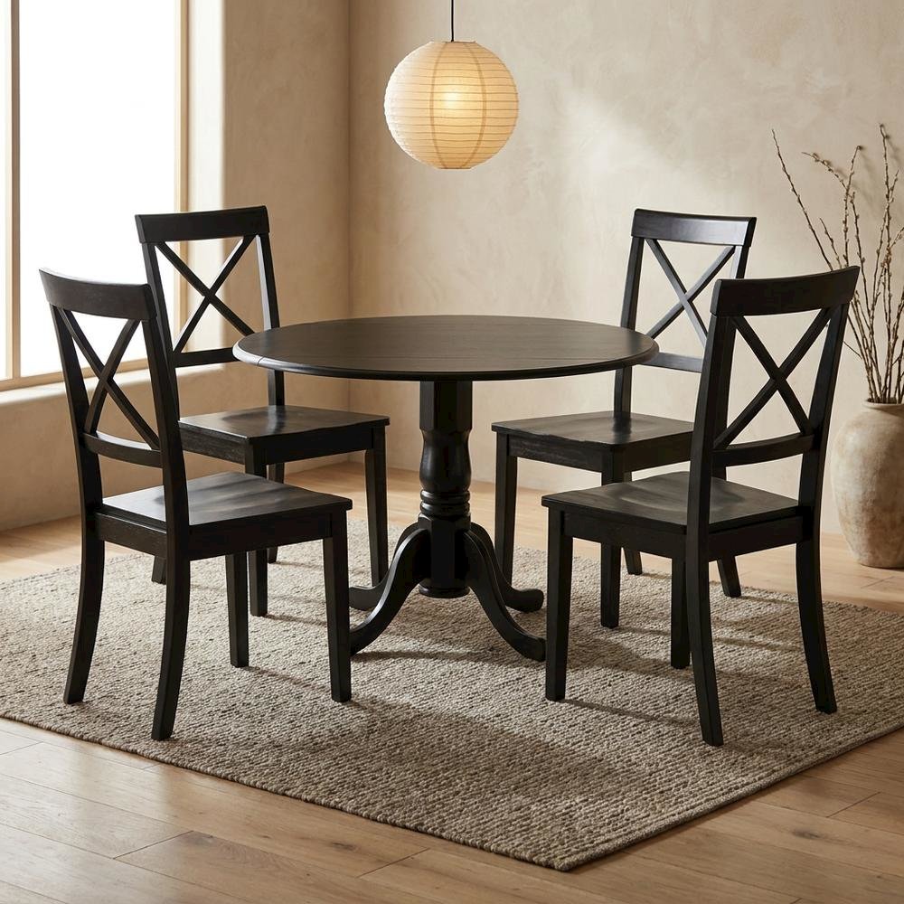 Wood Round Kitchen Table & Chairs 5-Piece Set, Pedestal Base, Black