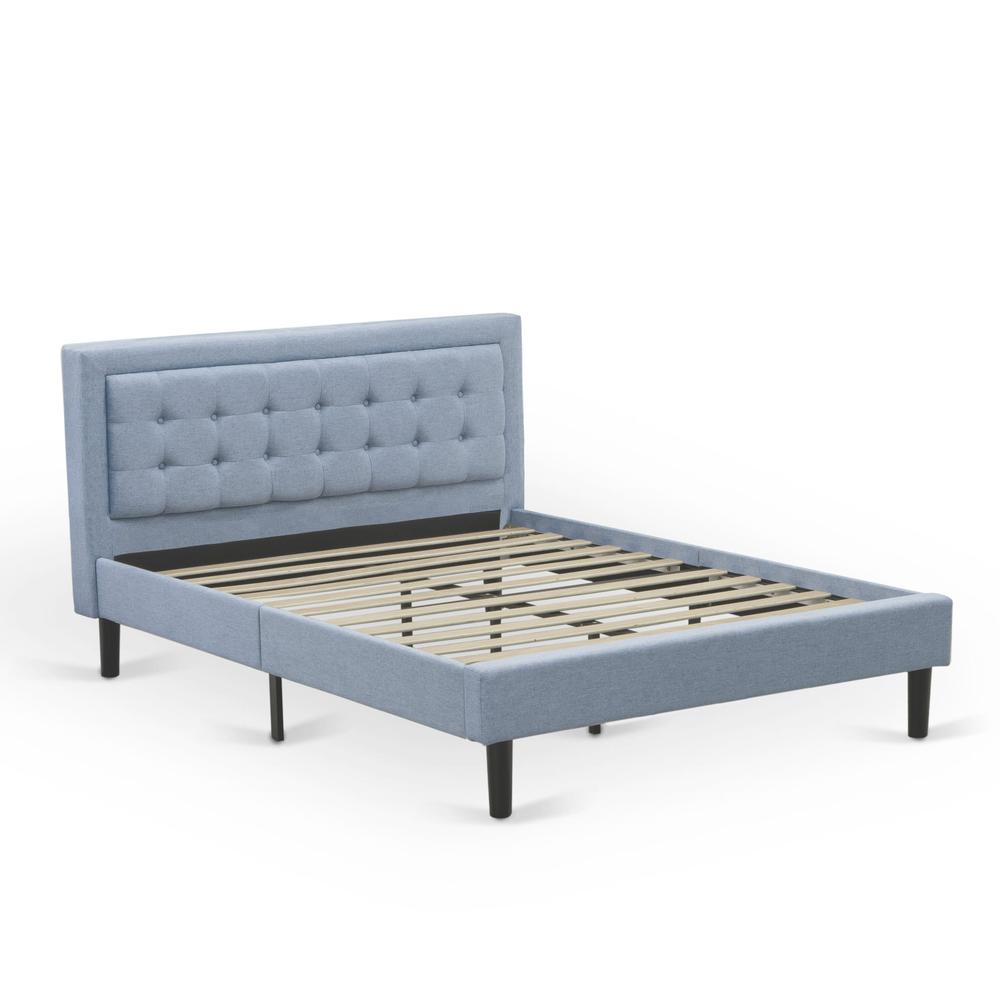 FN11Q-1HA15 2-Piece Platform Queen Bed Set Furniture with 1 Platform Bed and an End Table for bedroom - Denim Blue Linen Fabric