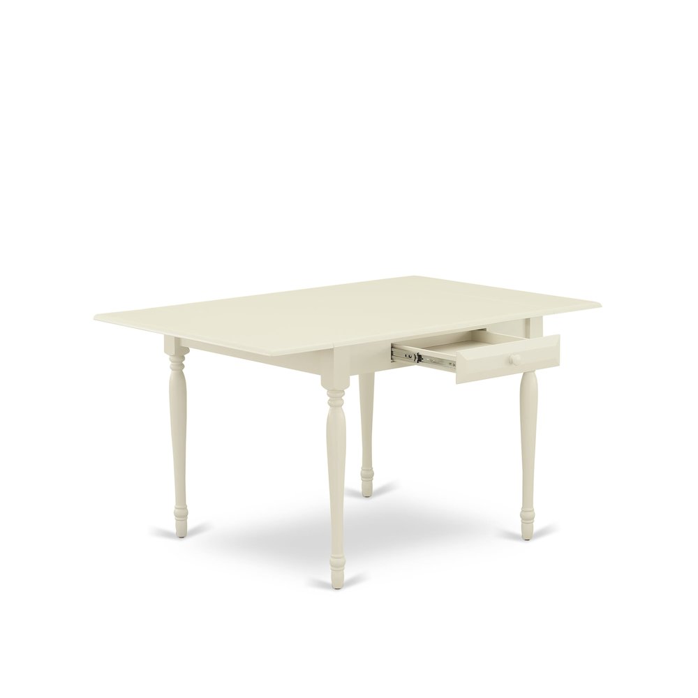 1MZCE3-LWH-15 3Pc Dining Table Set Contains a Wood Dining Table and 2 Upholstered Dining Chairs with Baby Blue Color Linen Fabric, Drop Leaf Table with Full Back Chairs, Linen White Finish