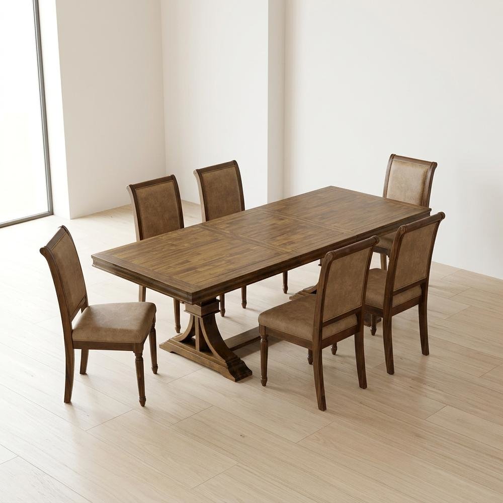 Solid Wood Dining Table 7-Piece with High-Back Upholstered Chairs, Beige