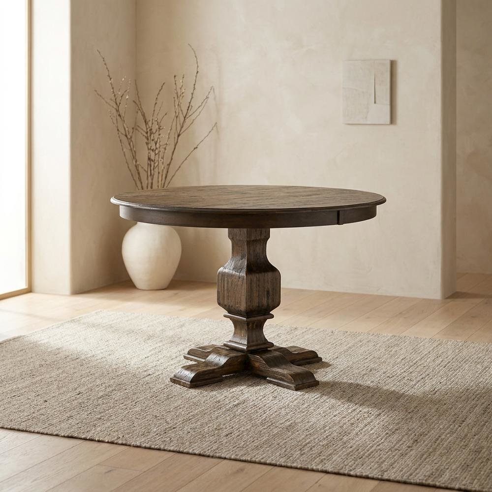 Rustic Round Kitchen Table, Distressed Jacobean Finish, Solid Wood, 48 Inch