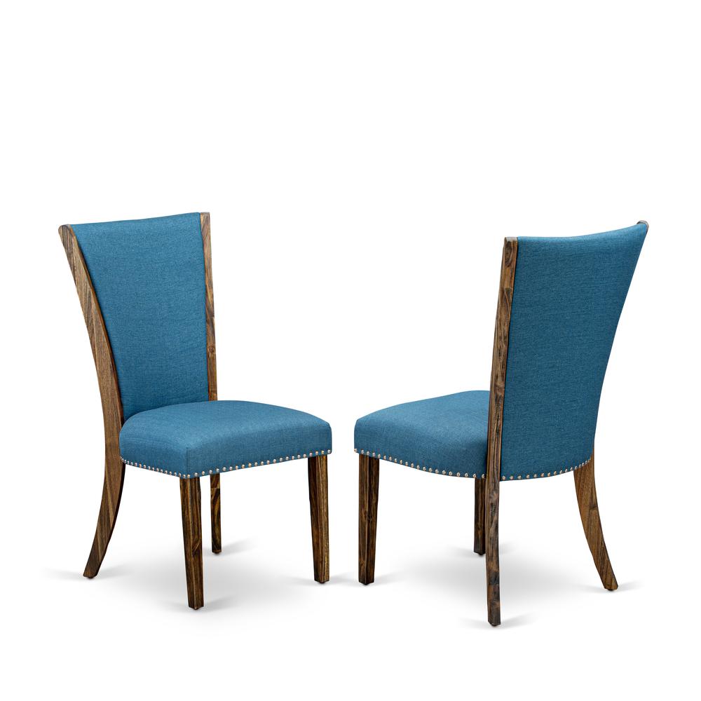 East West Furniture LMVE9-77-21 9Pc Modern Dining Table Set Includes a Dining Table and 8 Parsons Chairs with Blue Color Linen Fabric, Distressed Jacobean Finish