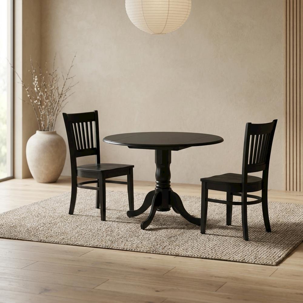 Wood Dining Set 3-Piece, Drop Leaves & Slatted-Back Chairs