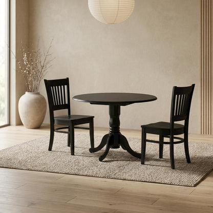 Wood Dining Set 3-Piece, Drop Leaves & Slatted-Back Chairs