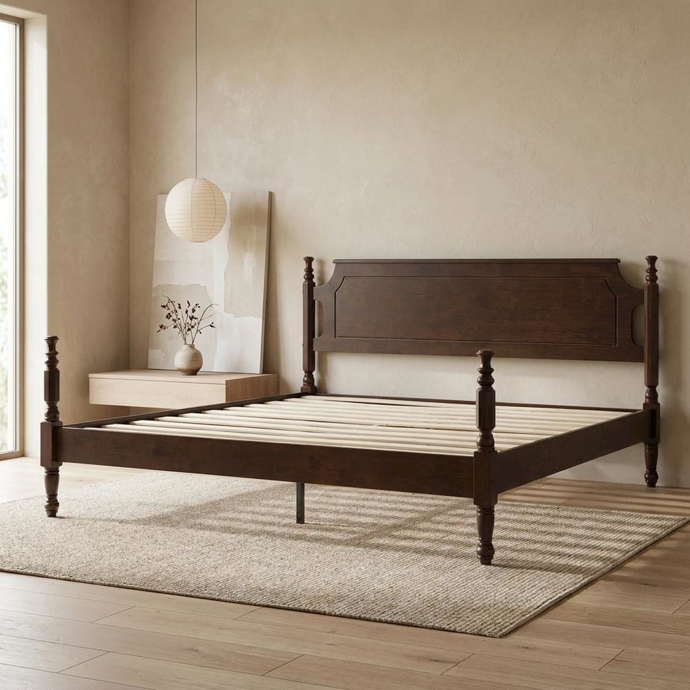 King Solid Wood Platform Bed with Headboard, Traditional, Dark Roast Oak, King