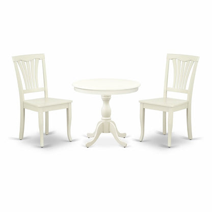 East West Furniture 3 Piece Dining Table Set Includes 1 Round Pedestal Dining Table and 2 Linen White Dinning Room Chairs with Slatted Back - Linen White Finish