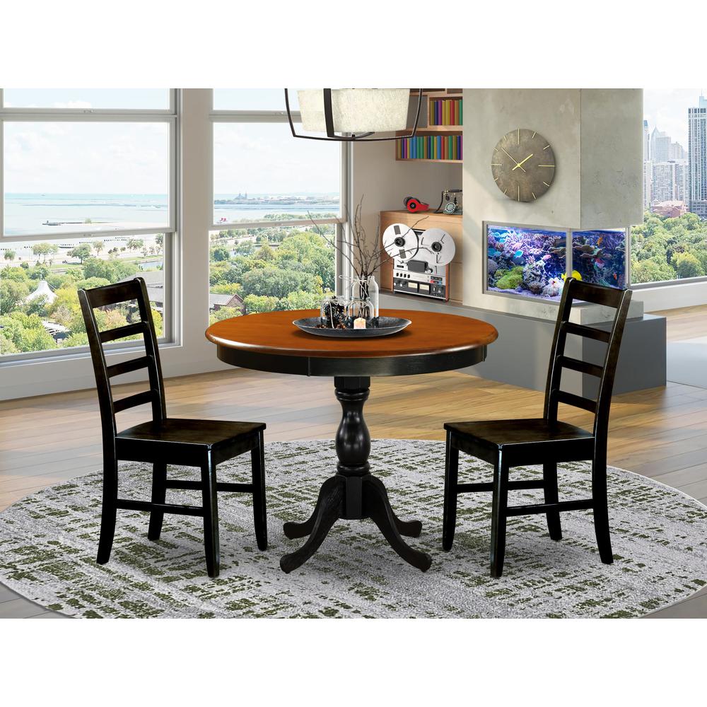 East West Furniture 3-Piece Mid Century Modern Dining Set Include a Wooden Table and 2 Modern Dining Chairs with Ladder Back - Black Finish