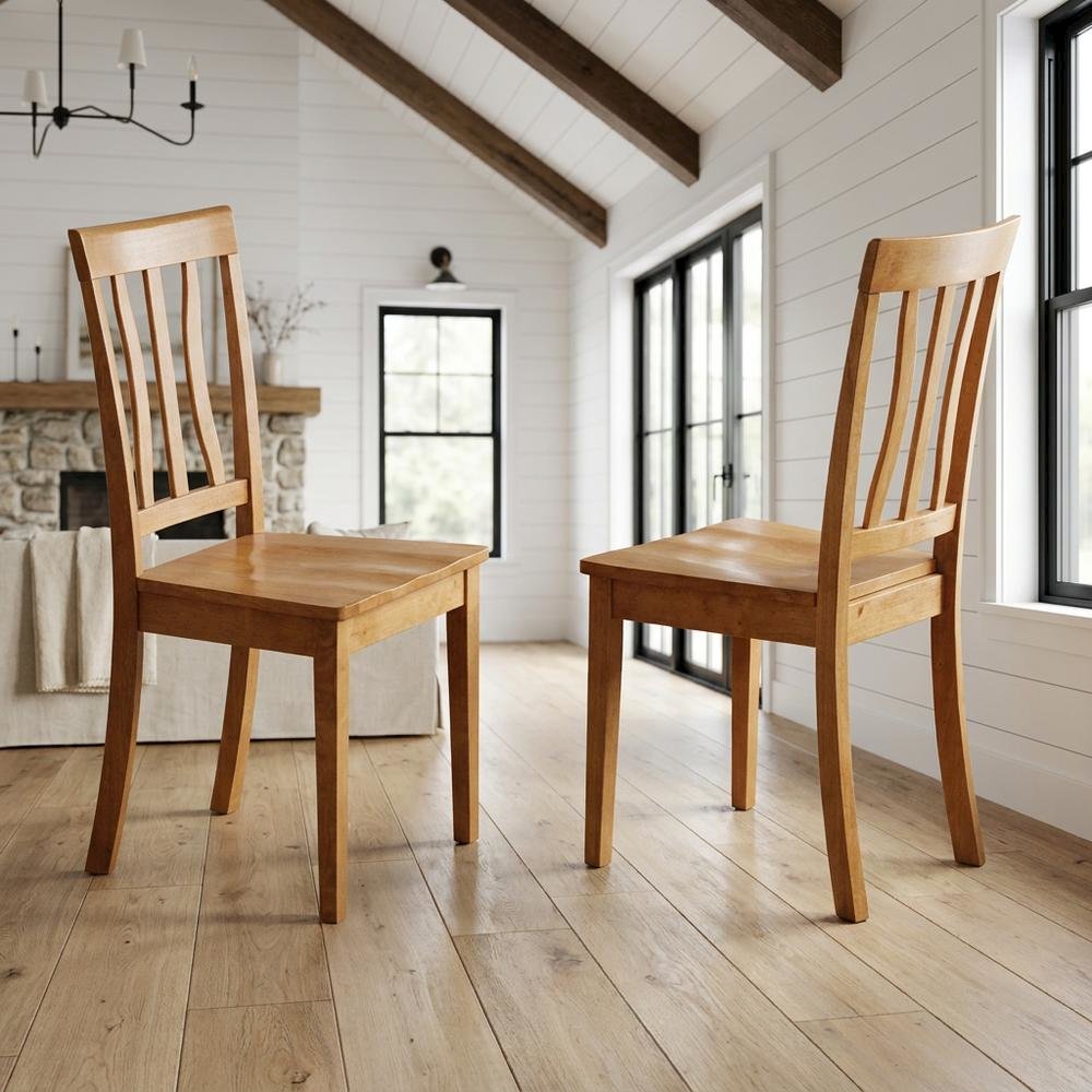 Solid Wood Antique Kitchen Dining Chairs with Slat Back, Oak, Set of 2