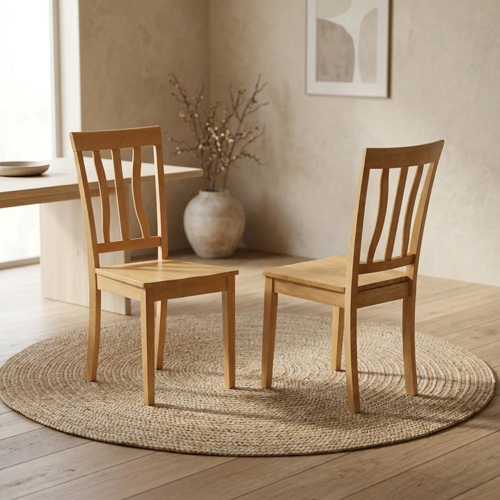 Solid Wood Antique Kitchen Dining Chairs with Slat Back, Oak, Set of 2