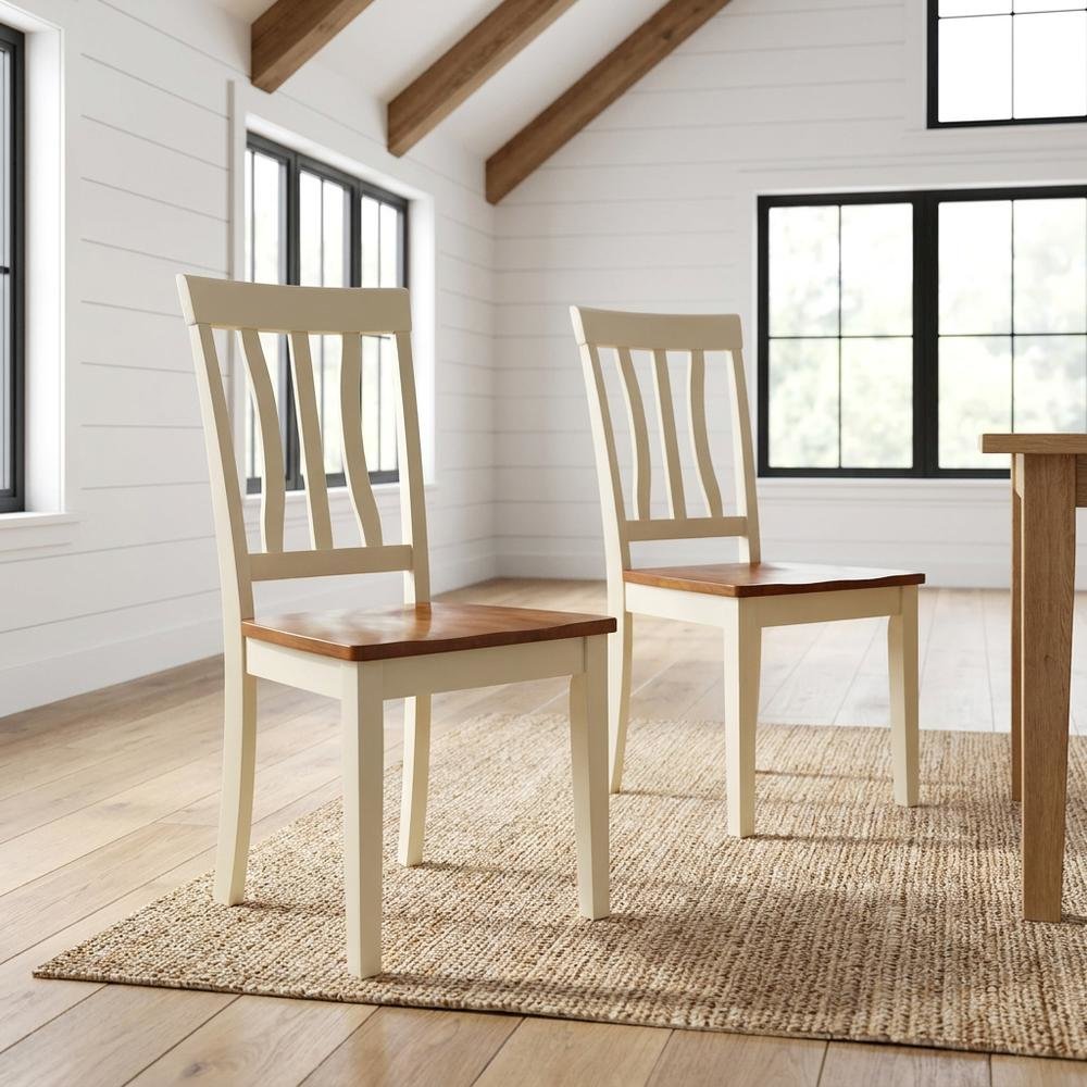 Solid Wood Antique Kitchen Dining Chairs, Buttermilk and Cherry, Set of 2