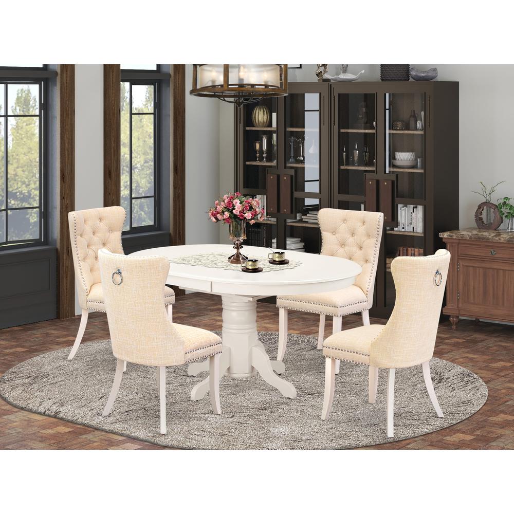 East West Furniture AVDA5-LWH-32 5 Piece Kitchen Set Includes an Oval Dining Table with Butterfly Leaf and 4 Upholstered Chairs, 60x42 Inch, Linen White