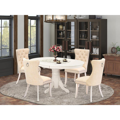East West Furniture AVDA5-LWH-32 5 Piece Kitchen Set Includes an Oval Dining Table with Butterfly Leaf and 4 Upholstered Chairs, 60x42 Inch, Linen White