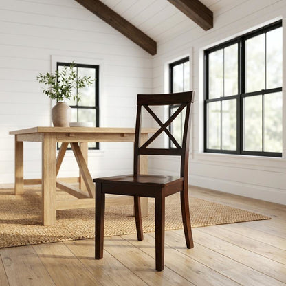Linen-Upholstered Dining Chair with Solid Wood Legs for Dining Room, Mahogany, Set of 2