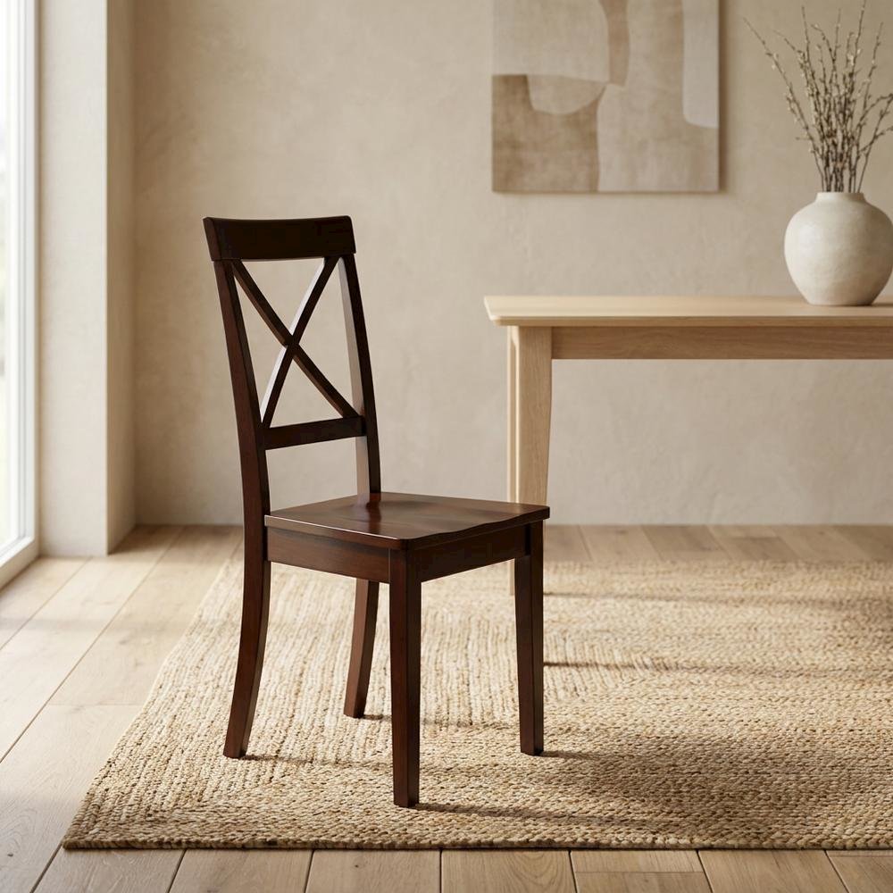 Linen-Upholstered Dining Chair with Solid Wood Legs for Dining Room, Mahogany, Set of 2
