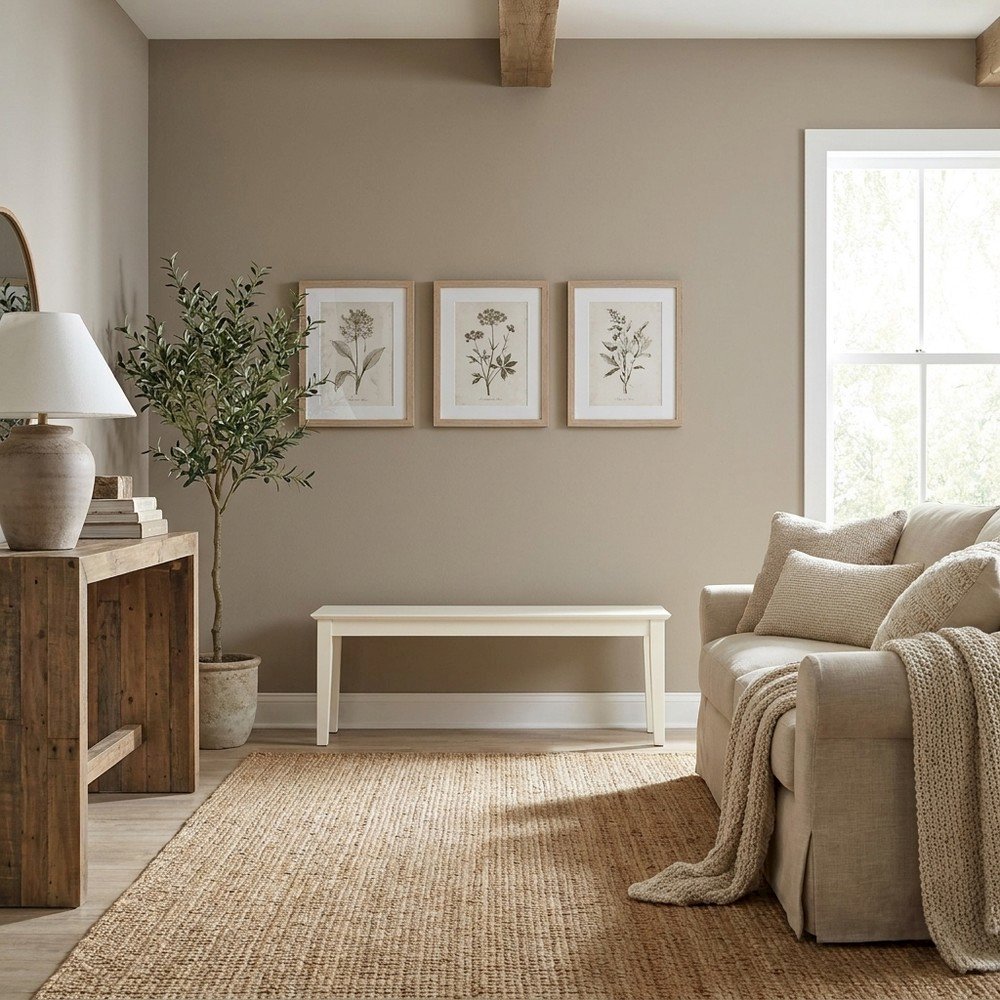 Wooden Dining Bench with Linen-Upholstered Seat for Bedroom or Entryway, White