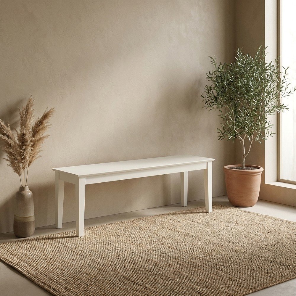 Wooden Dining Bench with Linen-Upholstered Seat for Bedroom or Entryway, White