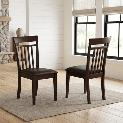 Solid Wood Slat-Back Dining Chairs with Faux Leather Seat, Mahogany, Set of 2