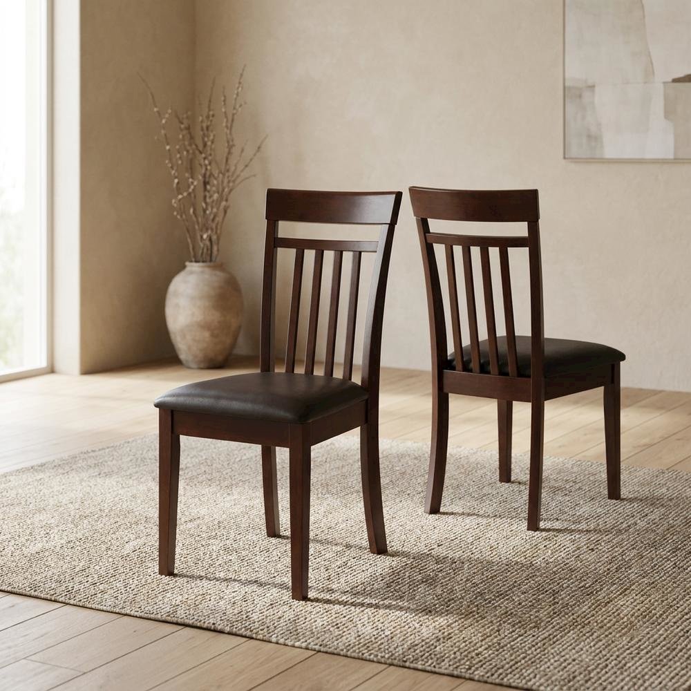 Solid Wood Slat-Back Dining Chairs with Faux Leather Seat, Mahogany, Set of 2
