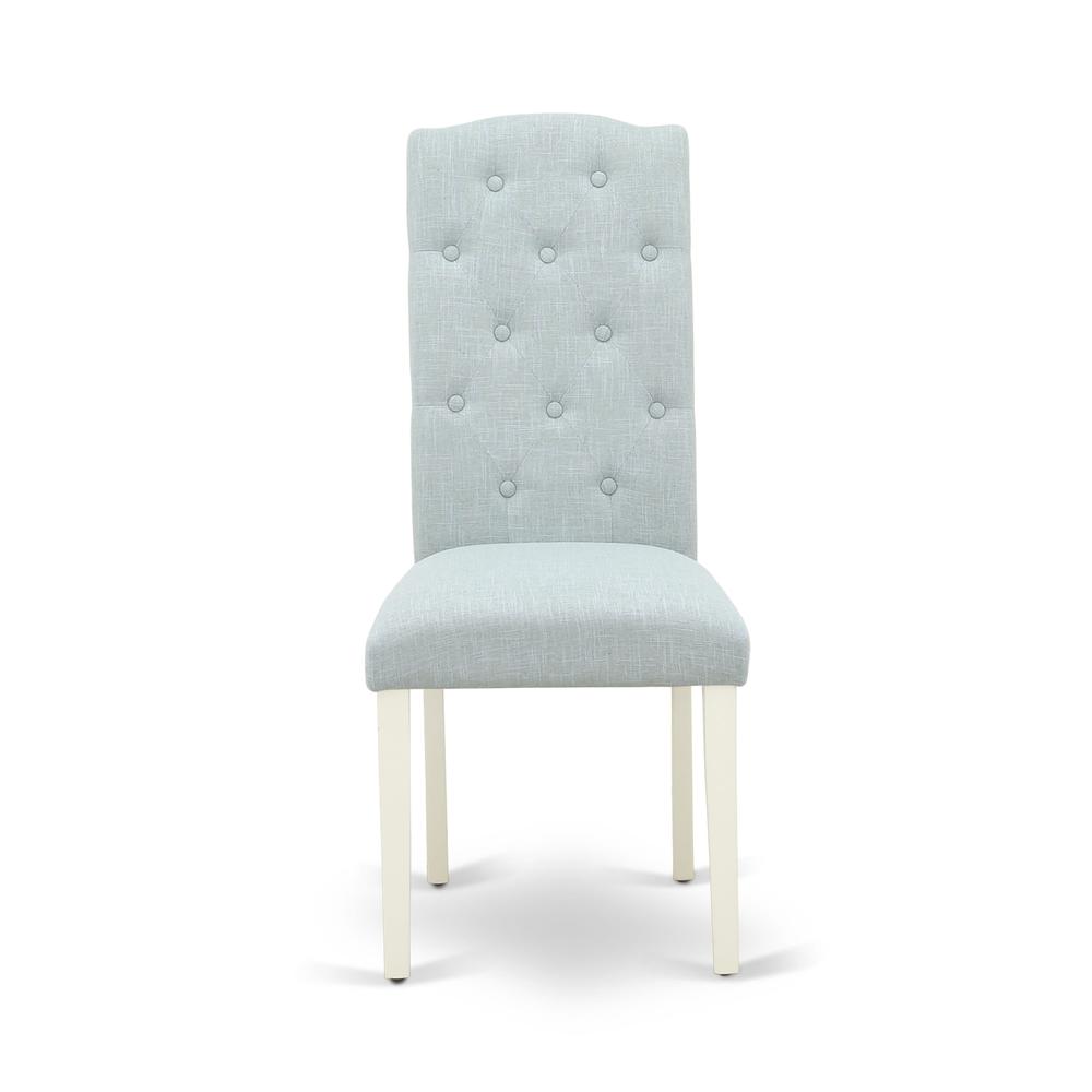 1MZCE3-LWH-15 3Pc Dining Table Set Contains a Wood Dining Table and 2 Upholstered Dining Chairs with Baby Blue Color Linen Fabric, Drop Leaf Table with Full Back Chairs, Linen White Finish